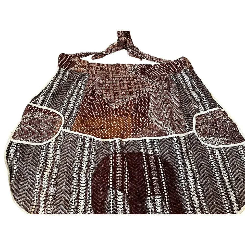 Vtg Bib Apron Brown Elephant Calico 70s Groovy Mod Boho